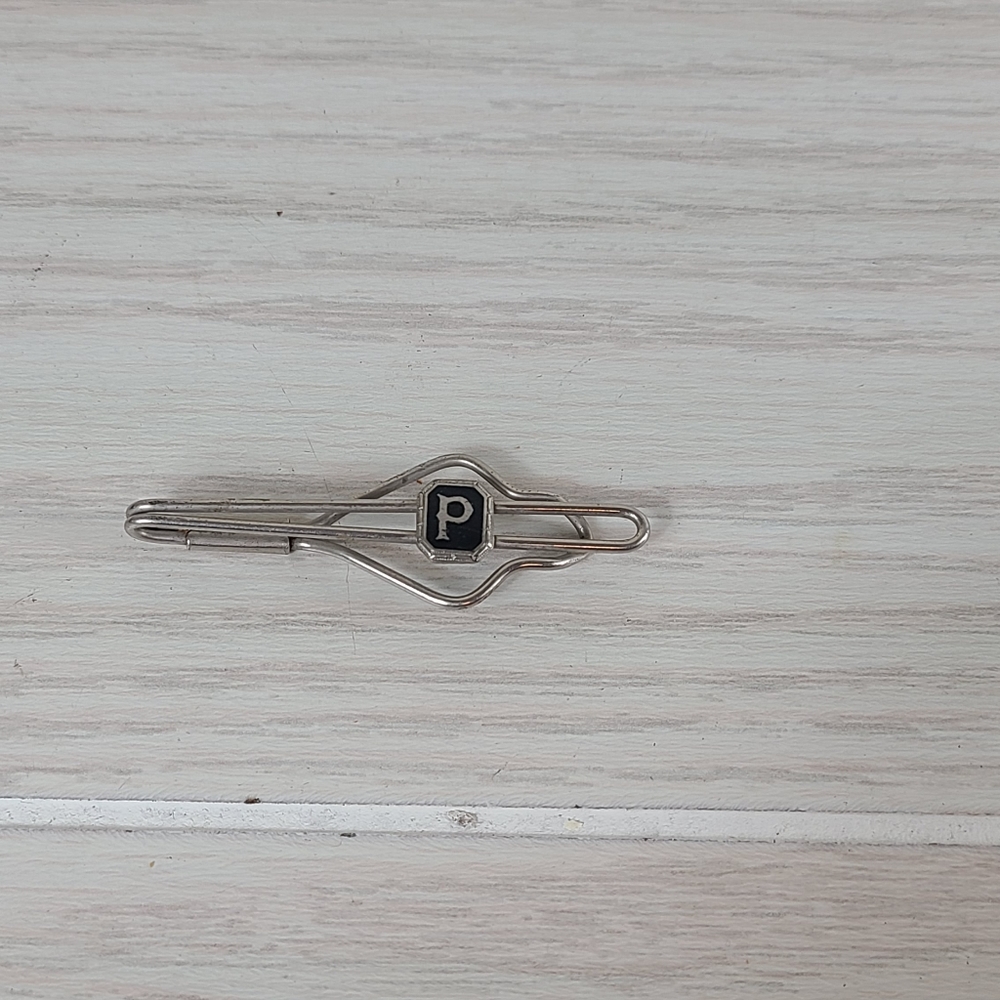 Vintage Letter P Silver Tone 2 1/2" Men's Tie Bar Clasp Wedding Estate